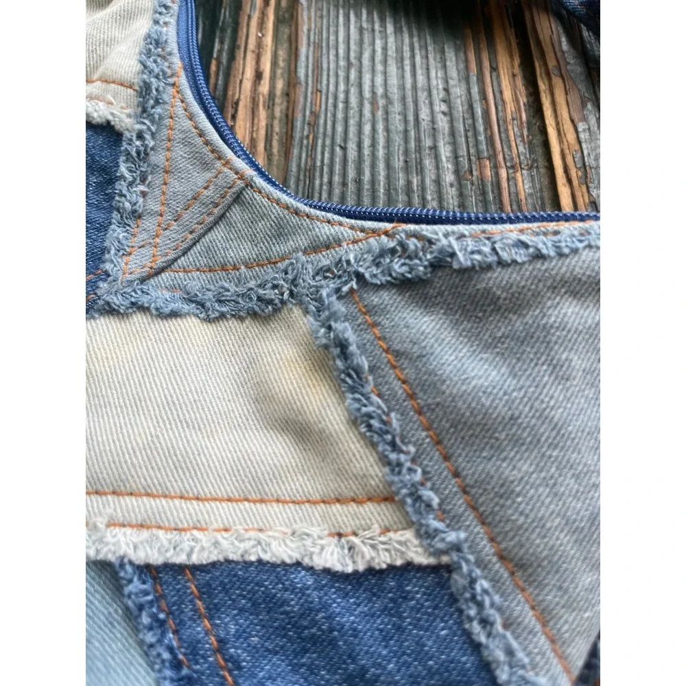 Denim Blues Patchwork Hobo Bag Blue Cream Frayed Crossbody Vintage Style